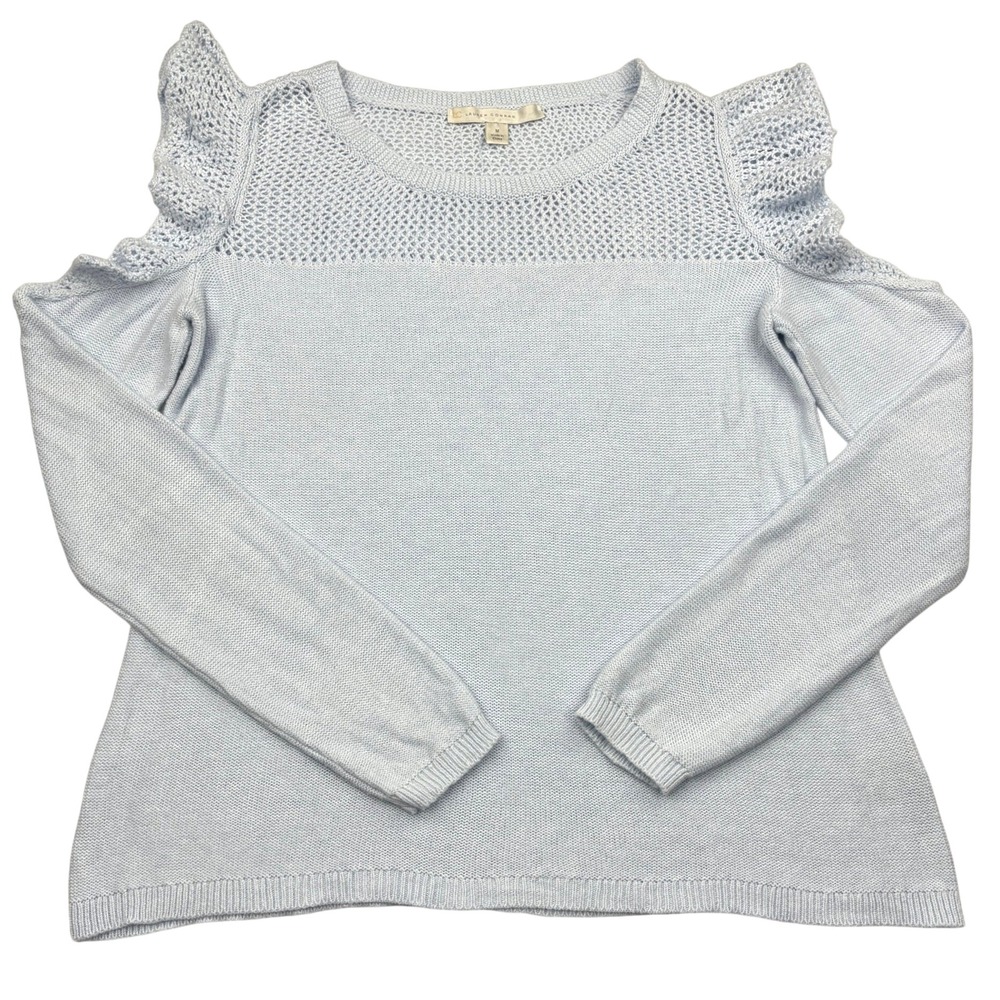 LC Lauren Conrad Womens Medium Light Blue Cold Shoulder Ruffle Open Knit Sweater